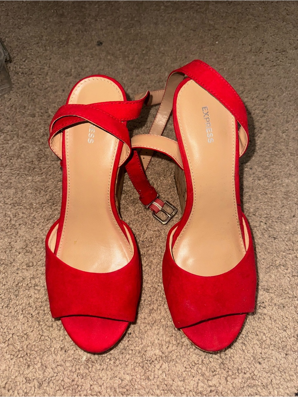Express Red Suede Open-Toe Ankle Strap Heels
